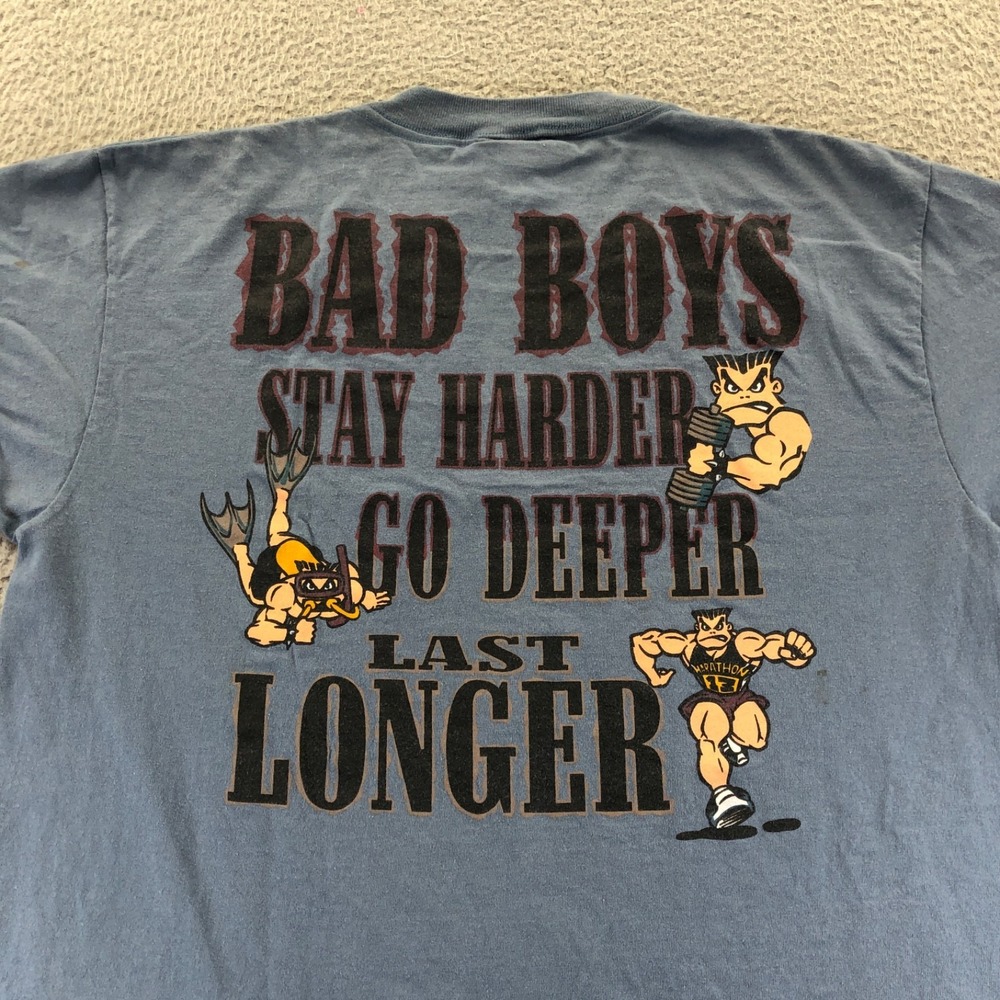 VTG Bad Boys Club Shirt Mens L Blue Stay Harder Go Deeper Last Longer 90s USA - Picture 7 of 13